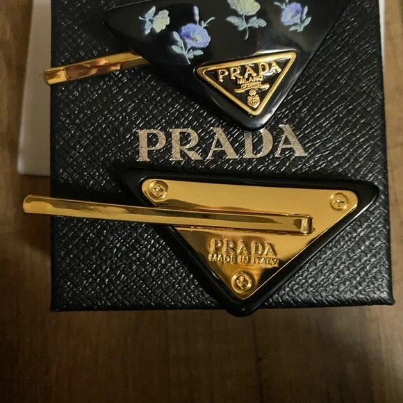 Prada Black and Gold Floral Hair Clips - Picture 3 of 6